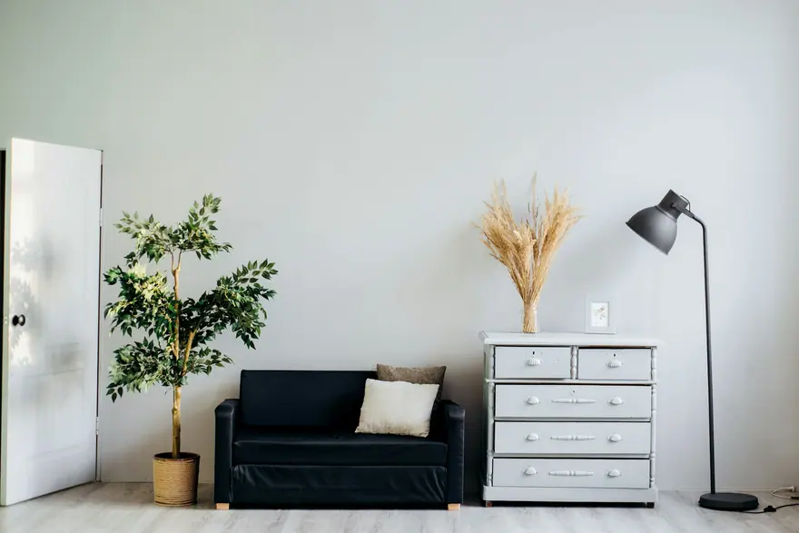 White room with a small sofa, dresser, floor lamp and plant